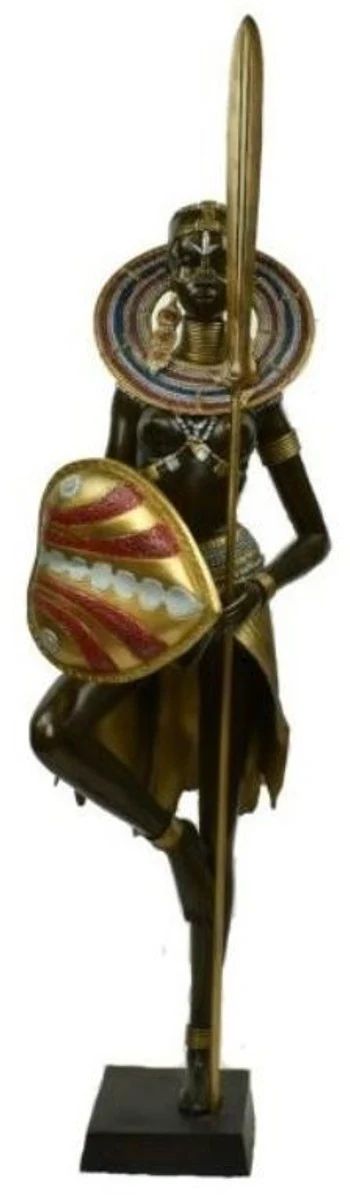 Casa Padrino escultura de bronce deco de lujo guerrero masai negro / multicolor / oro 57 x 45 x A. 170 cm - Figura de bronce grande con base - Figura de Decoración Hotel y Restaurante - Calidad de Lujo