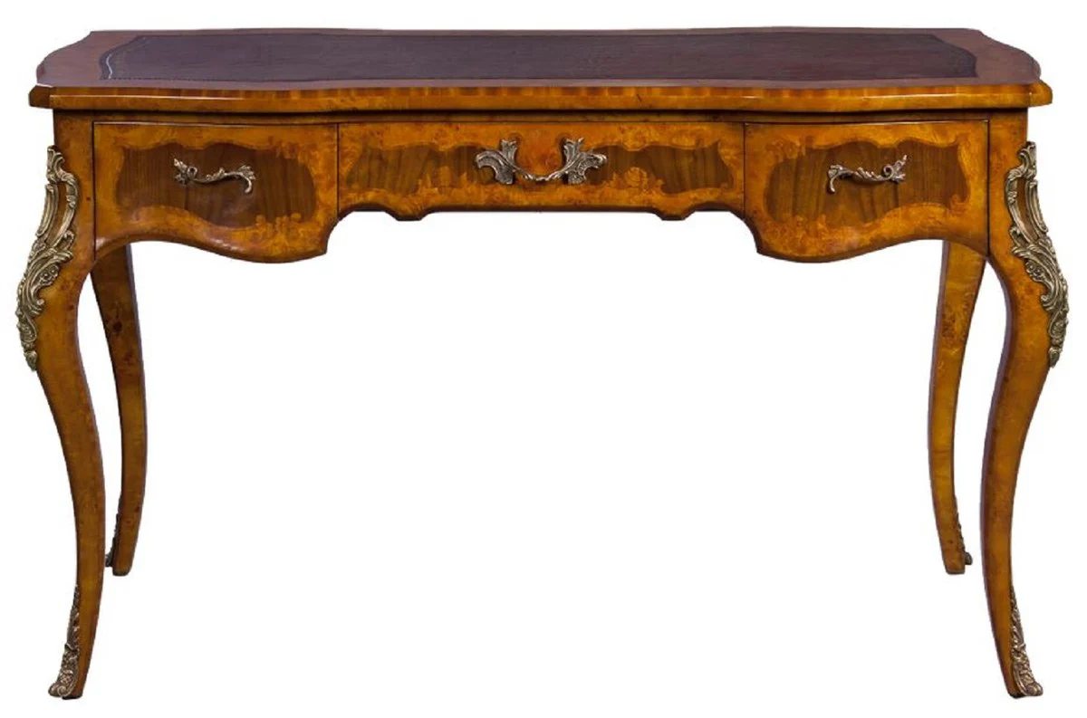 Casa Padrino escritorio barroco de lujo marr¨®n claro / marr¨®n oscuro / rojo - Secretario de madera maciza hecho a mano con 3 cajones - Mobiliario de oficina barroco noble