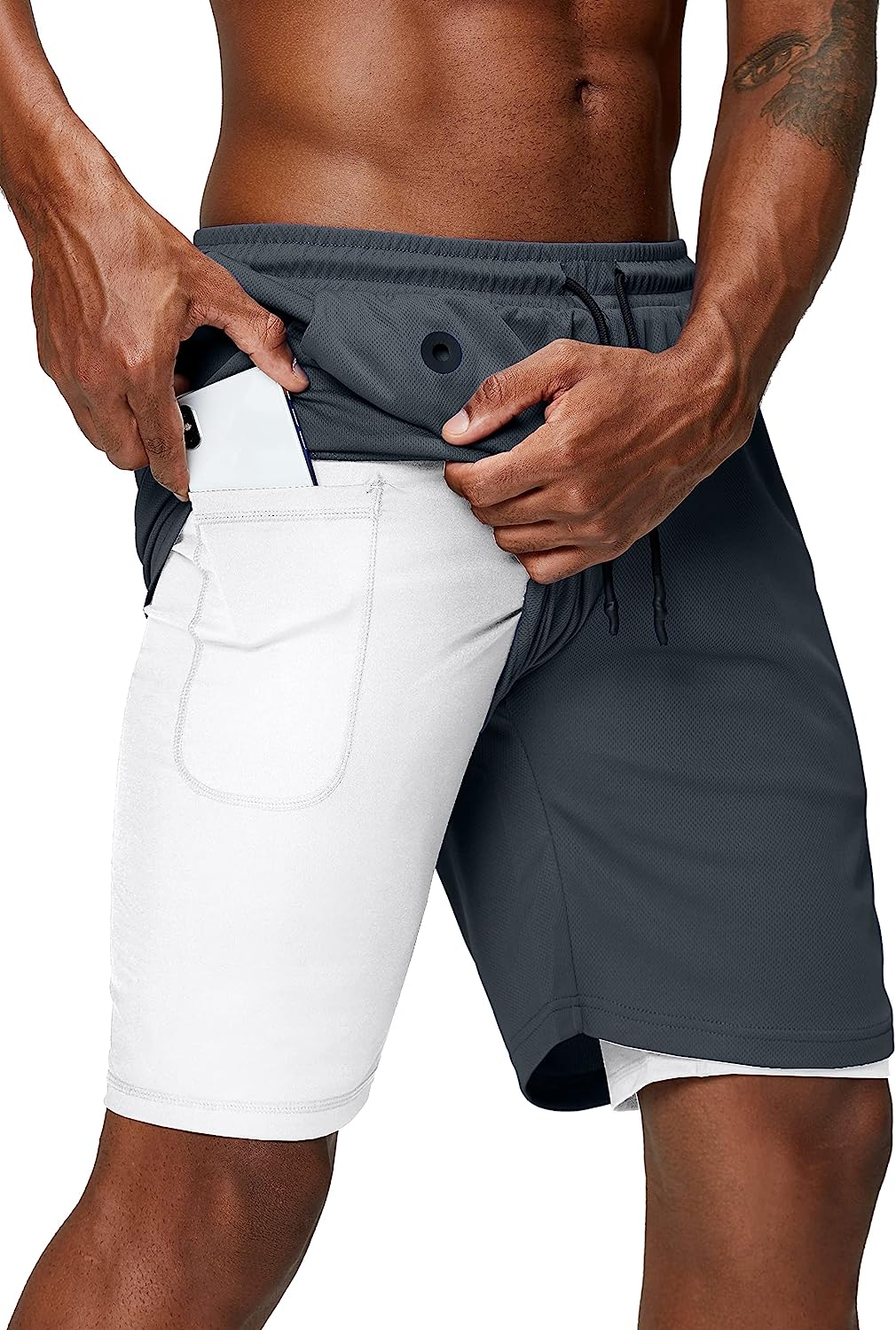 Men's 2 in 1 Running Shorts Gym Workout Quick Dry Mens Shorts with Phone Pocket