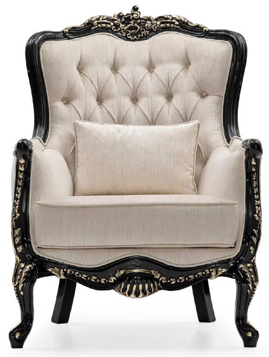 Casa Padrino conjunto de sala de estar barroco de lujo crema / negro / oro - 2 Sof¨¢s y 2 Sillones y 1 Mesa de Centro - Muebles de sal¨®n hechos a mano estilo barroco