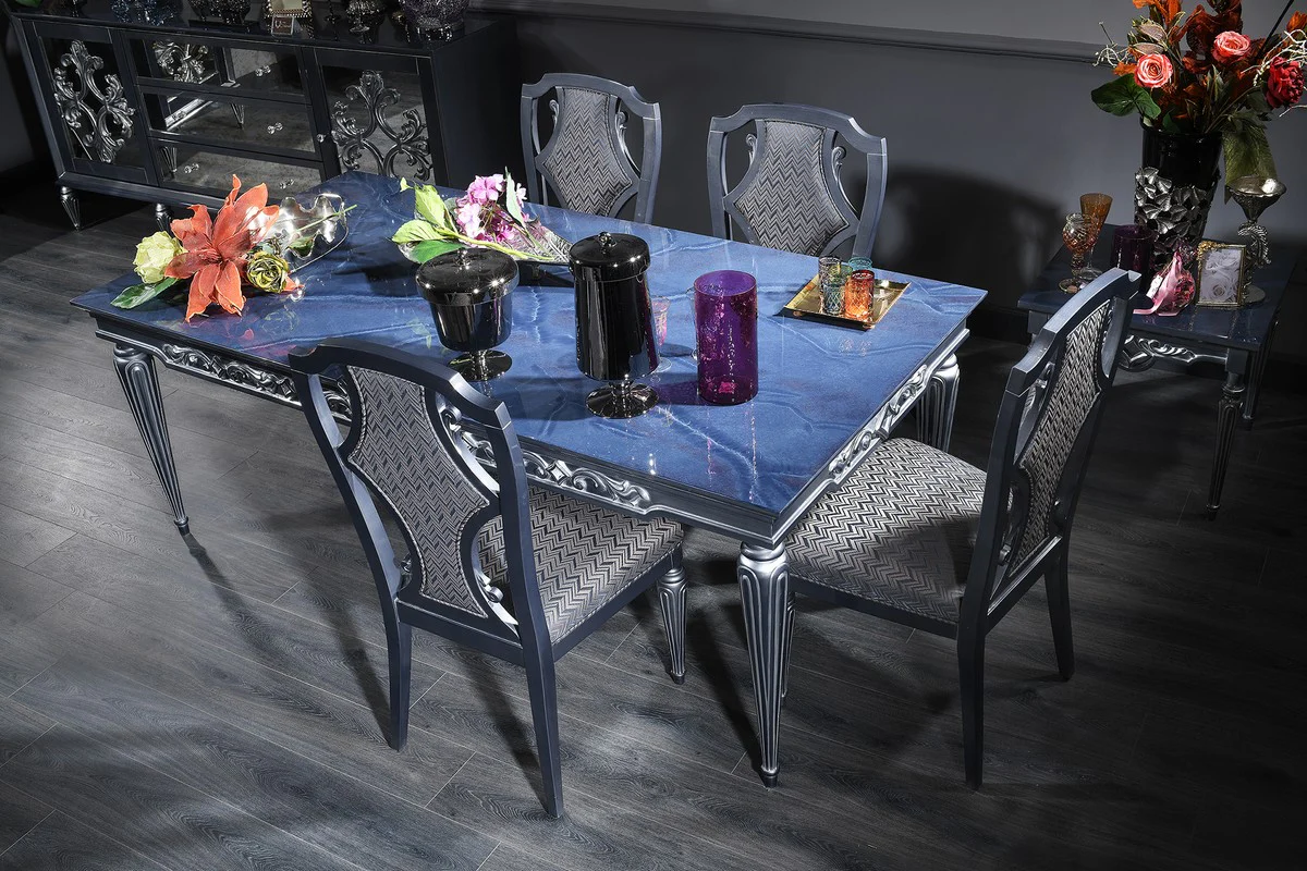 Casa Padrino conjunto de comedor barroco de lujo azul / gris / plata - Mesa de Comedor y 4 Sillas de Comedor - Muebles de Comedor Barrocos