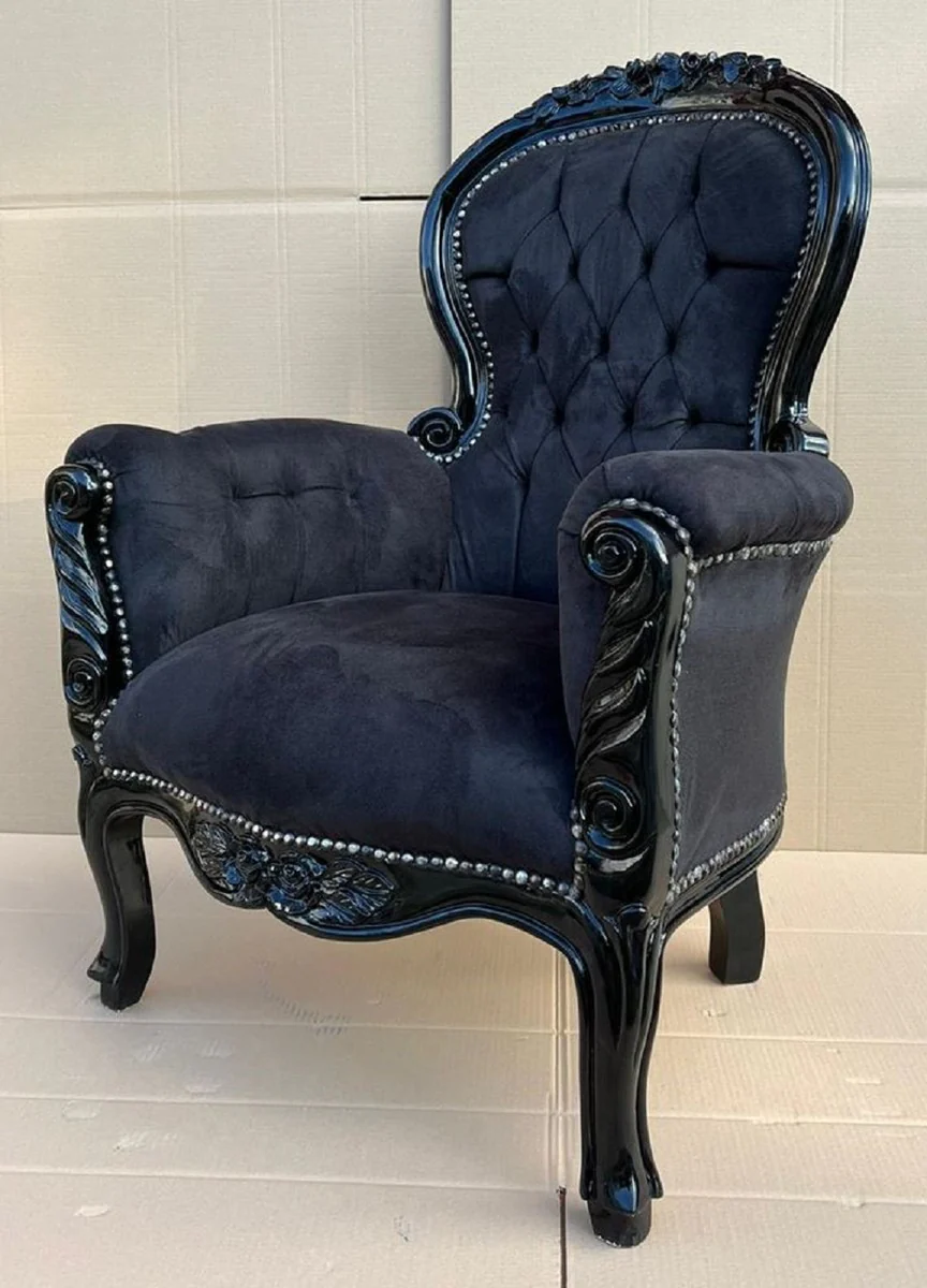 Casa Padrino sill¨®n barroco de terciopelo negro - Magn¨ªfico sill¨®n de sal¨®n de madera maciza - Sill¨®n de sal¨®n de estilo antiguo - Muebles de sal¨®n barrocos