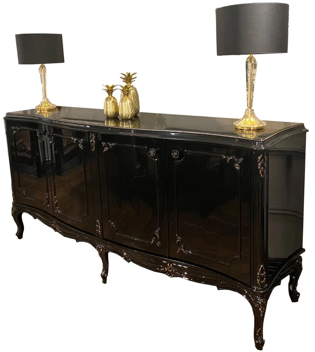 Casa Padrino aparador barroco de lujo negro / oro antiguo 226 x 57 x A. 103 cm - Mueble de salón noble con 4 puertas y tapa de vidrio - Muebles de salón de alta calidad en estilo barroco