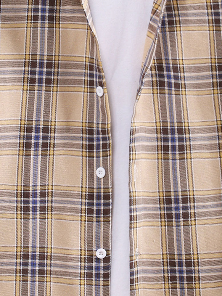 Plaid Drawstring Hooded Shirt