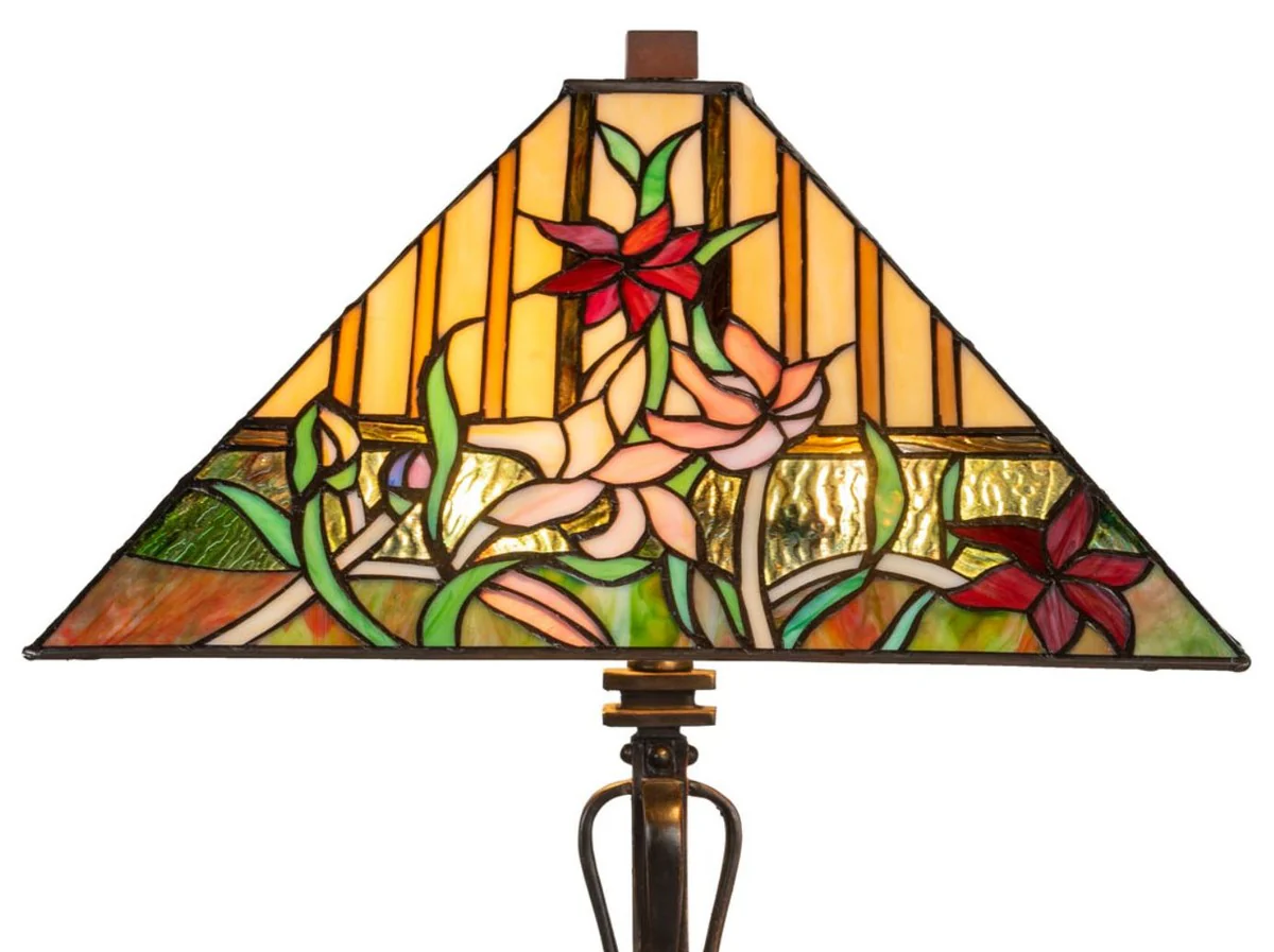 Casa Padrino Lámpara de Mesa Tiffany Deco de Lujo Marrón / Multicolor 40 x 40 x H. 62 cm - Lámpara Tiffany con Diseño de Flores y Pantalla de Vidrio Hecha a Mano