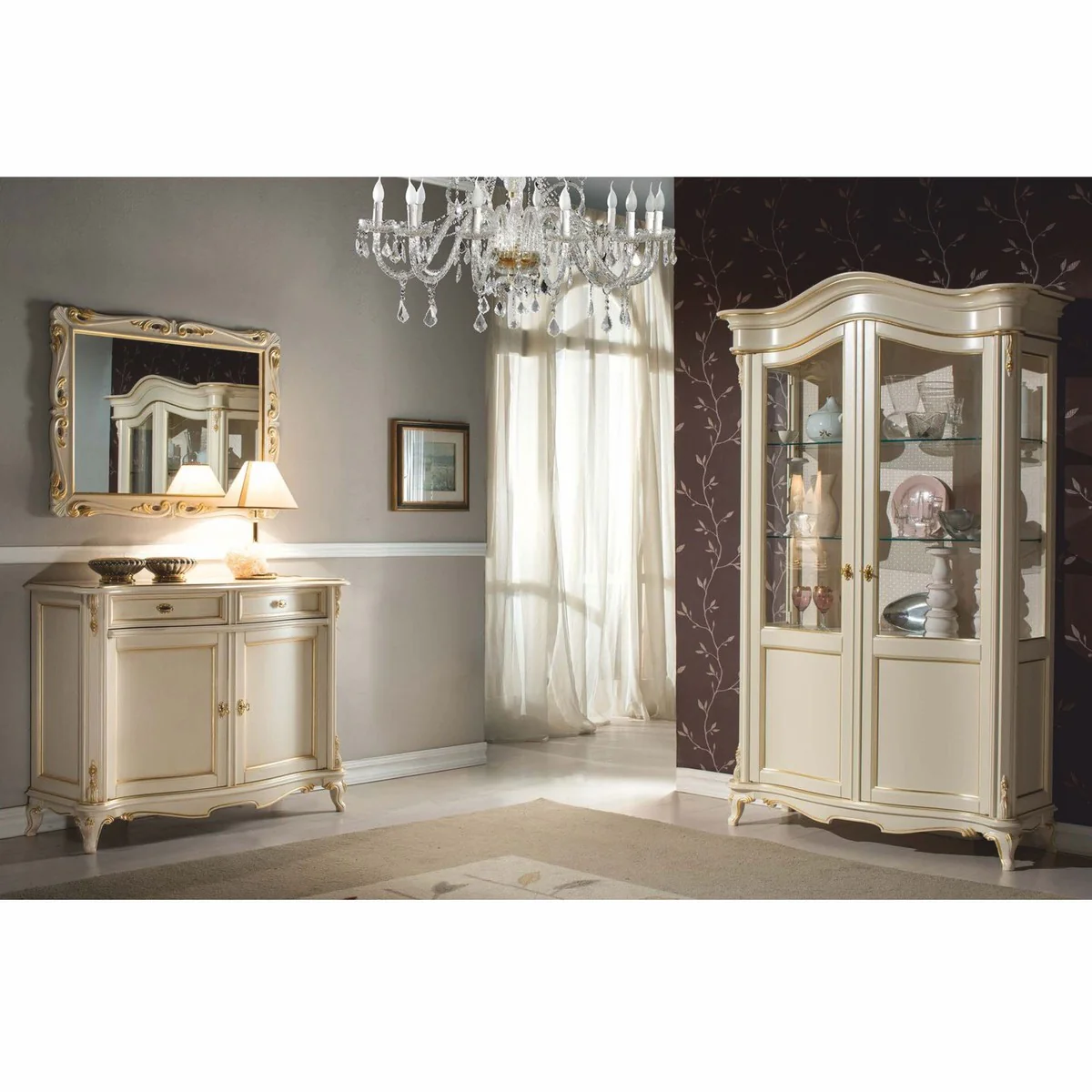 Casa Padrino Vitrina Barroco de Lujo Crema / Oro A. 211 cm - Muebles Barrocos - Hecho en Italia