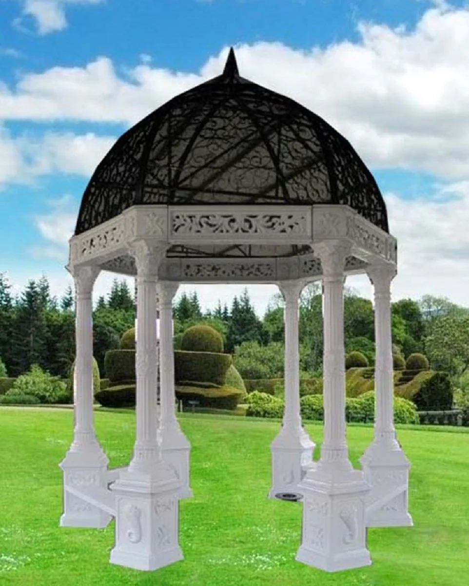 Casa Padrino pabellón de jardín barroco de lujo negro / blanco Ø 300 x A. 420 cm - Pabellón de hierro fundido con bancos integrados - Magnífica decoración de jardín en estilo barroco