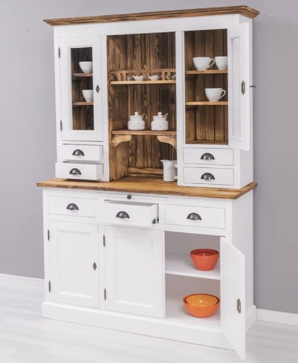 Casa Padrino armario de comedor de estilo campestre blanco / marron 137 x 50 x A. 197 cm - Armario de cocina de madera maciza - Muebles de comedor en estilo campestre