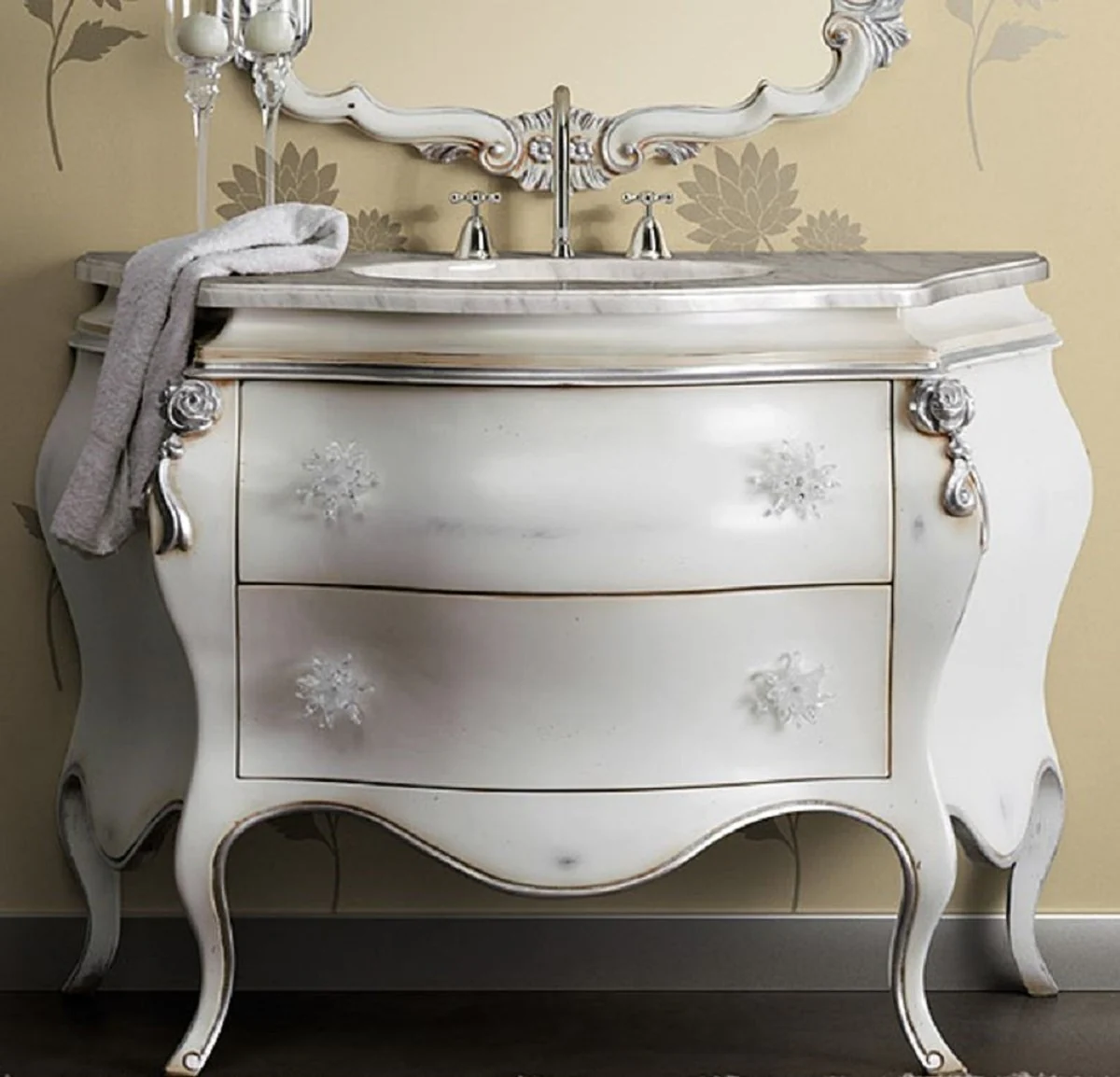 Casa Padrino mesa de lavabo barroco de lujo blanco / plata - Magnífica cómoda de lavabo con 2 cajones - Muebles de baño de estilo barroco - Muebles barrocos - Calidad de lujo - Hecho en Italia