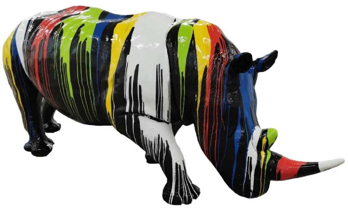 Casa Padrino escultura decorativa de lujo rinoceronte negro / multicolor 320 x A. 180 cm - Escultura de jardín enorme - Escultura tamaño natural - Escultura decorativa XXL - Figura decorativa XXL