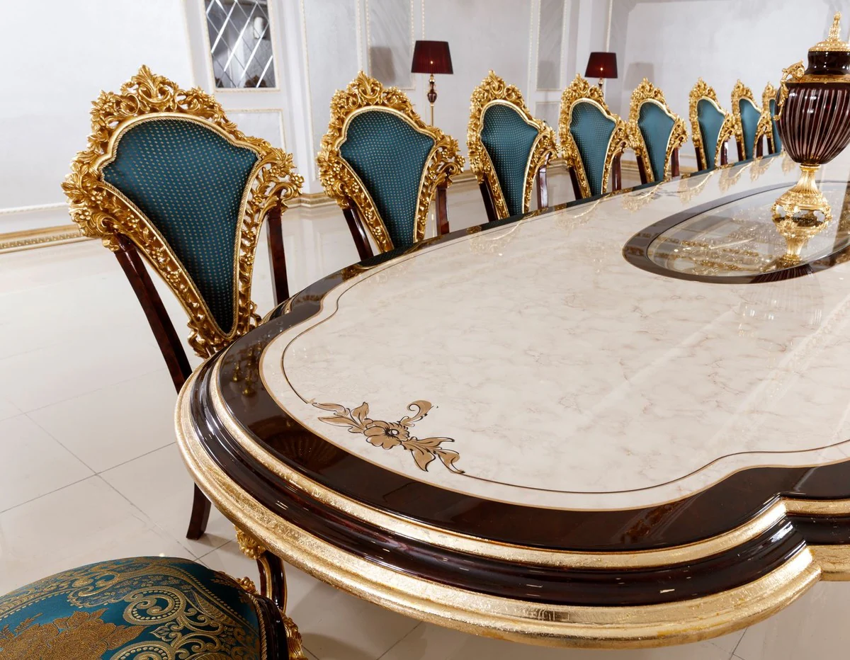 Casa Padrino conjunto de comedor barroco de lujo blanco / marr¨®n / azul / oro - 1 Mesa de Comedor Barroco y 22 Sillas de Comedor Barrocos - Muebles hotel - Muebles de castillo - Muebles de palacio