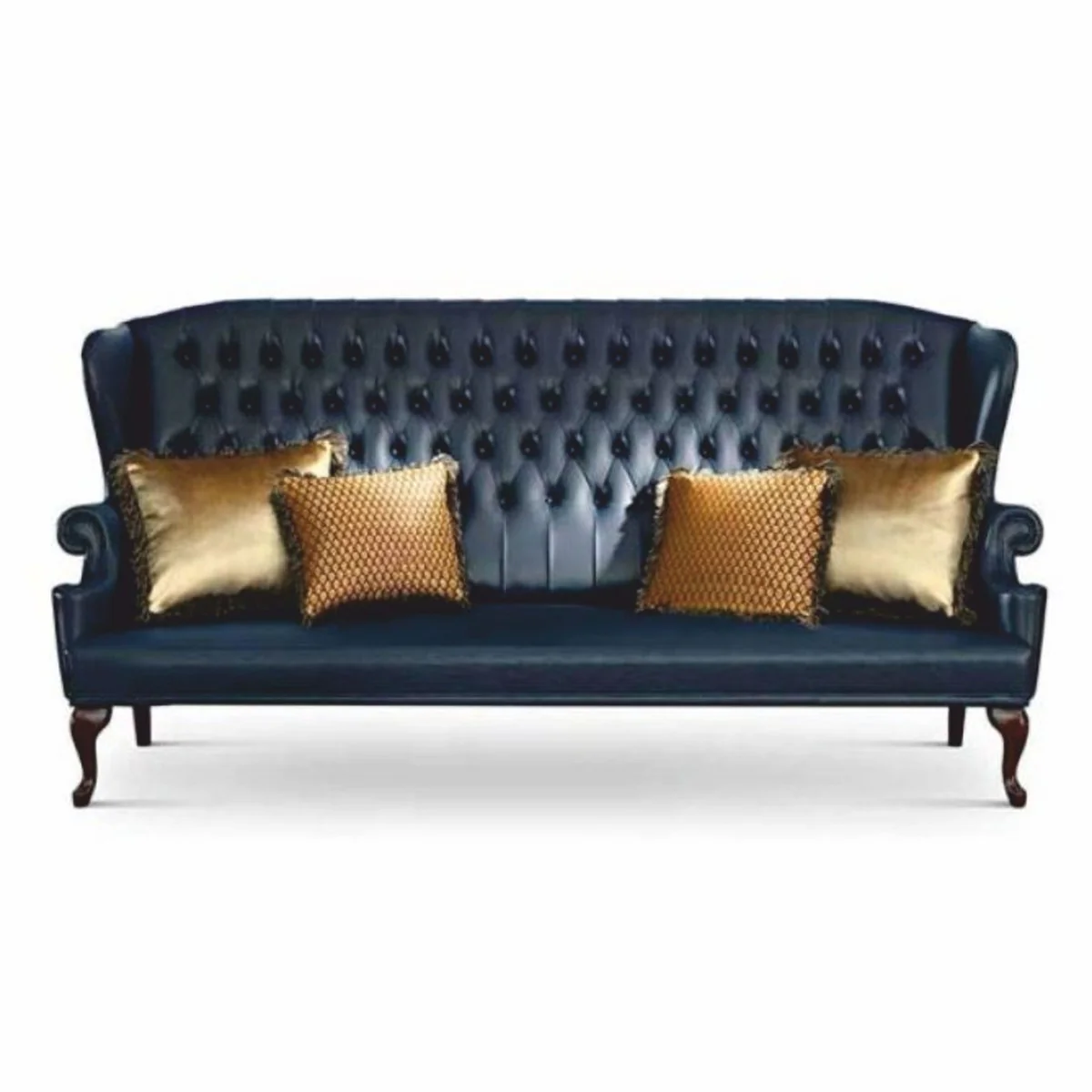 Casa Padrino Sof¨¢ Barroco Chesterfield de Lujo con Respaldo Alto de Cuero Azul / Marr¨®n Oscuro 220 cm - Hecho en Italia