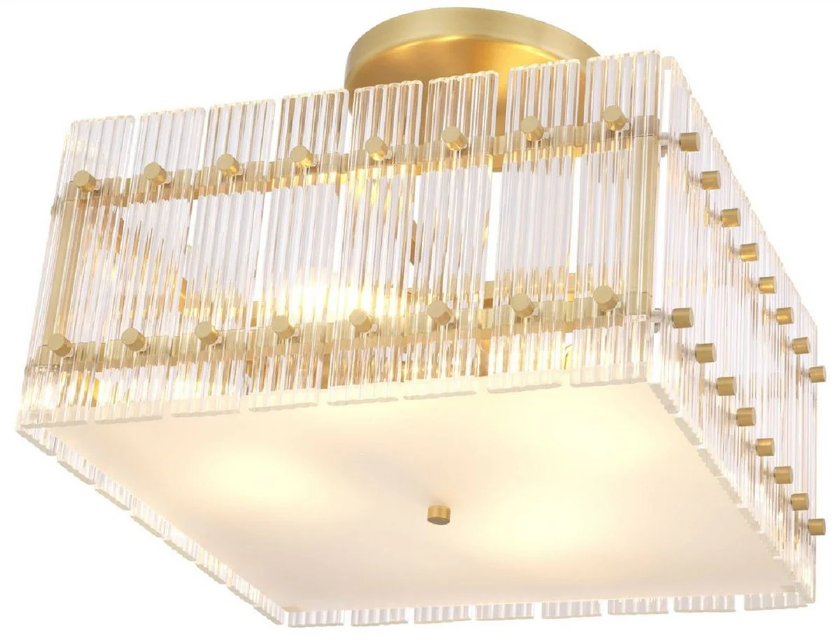 Casa Padrino lámpara de techo de lujo latón antiguo / blanco 45 x 45 x A. 22 cm - Lámpara de techo de vidrio cuadrado - Lámparas de techo modernos