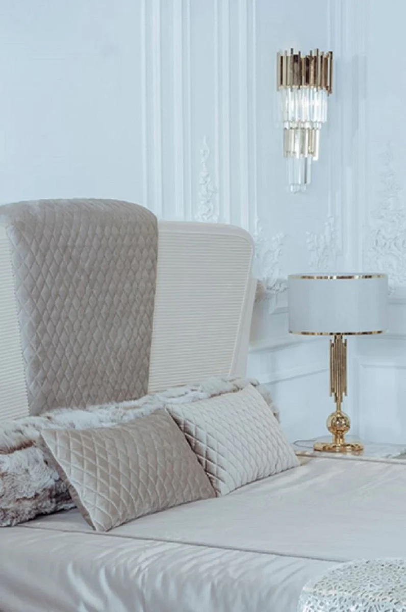 Casa Padrino Conjunto de Dormitorio Art Deco de Lujo Beige / Gris / Oro - 1 Cama Doble con Cabecero y 2 Mesas de Noche - Muebles de Dormitorio y de Hotel Art Deco - Colección de Lujo