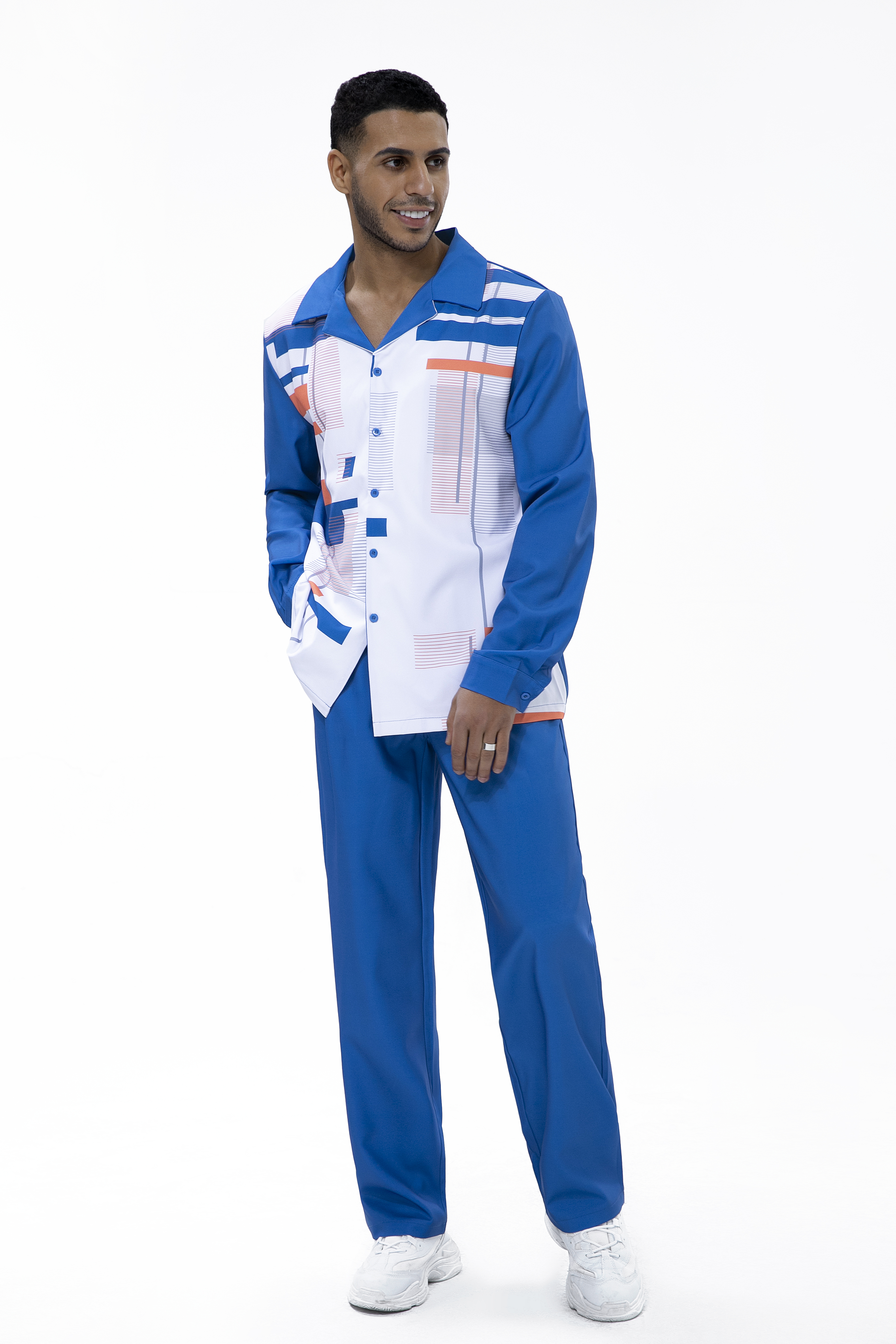 Suitmens Navy Geometric Print Walking Suit 2 Piece Long Sleeve Set