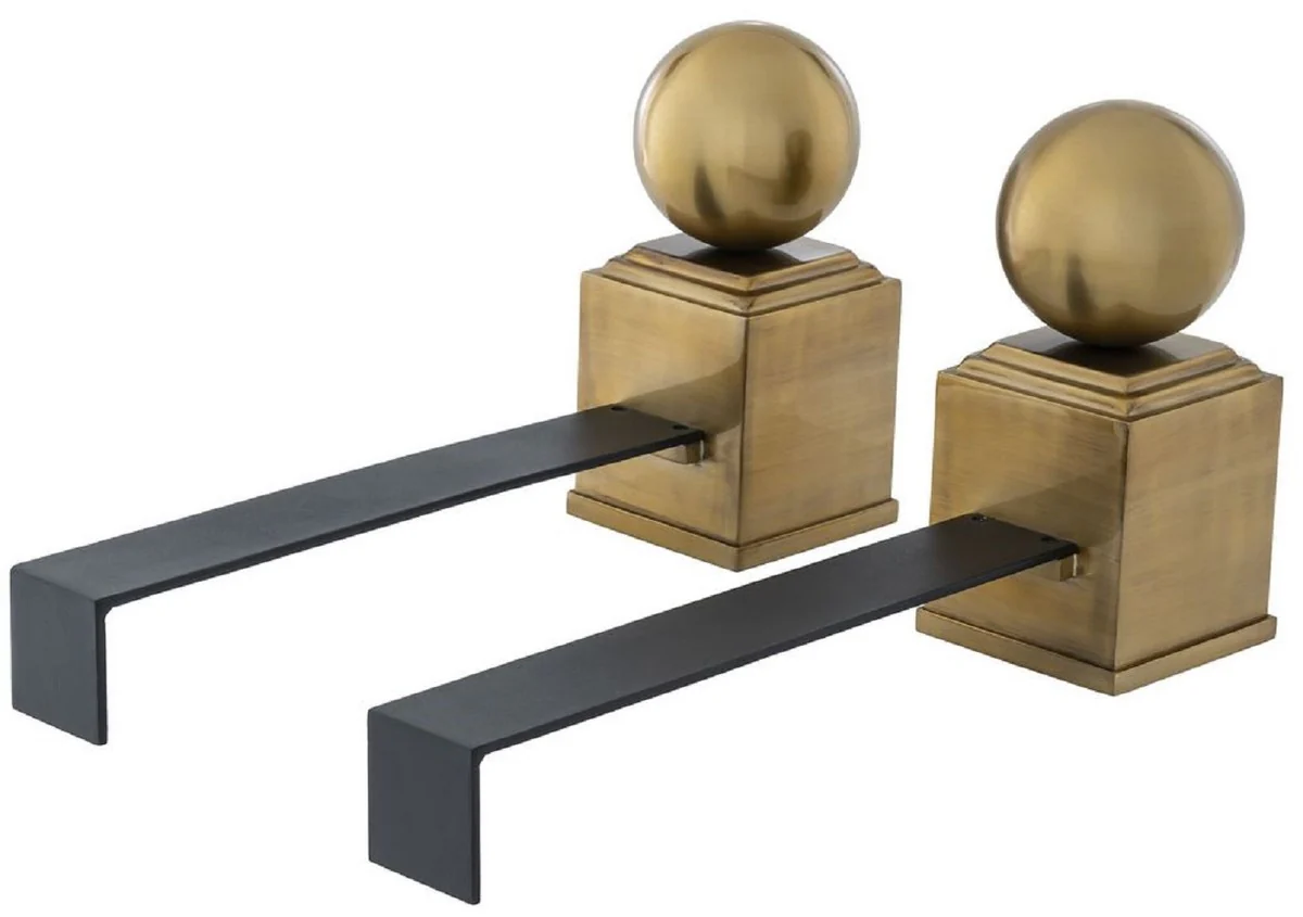 Casa Padrino conjunto de morillos de lujo latón vintage / negro 52 x 12,5 x A. 27 cm - Accesorios para Chimeneas - Colección de Lujo