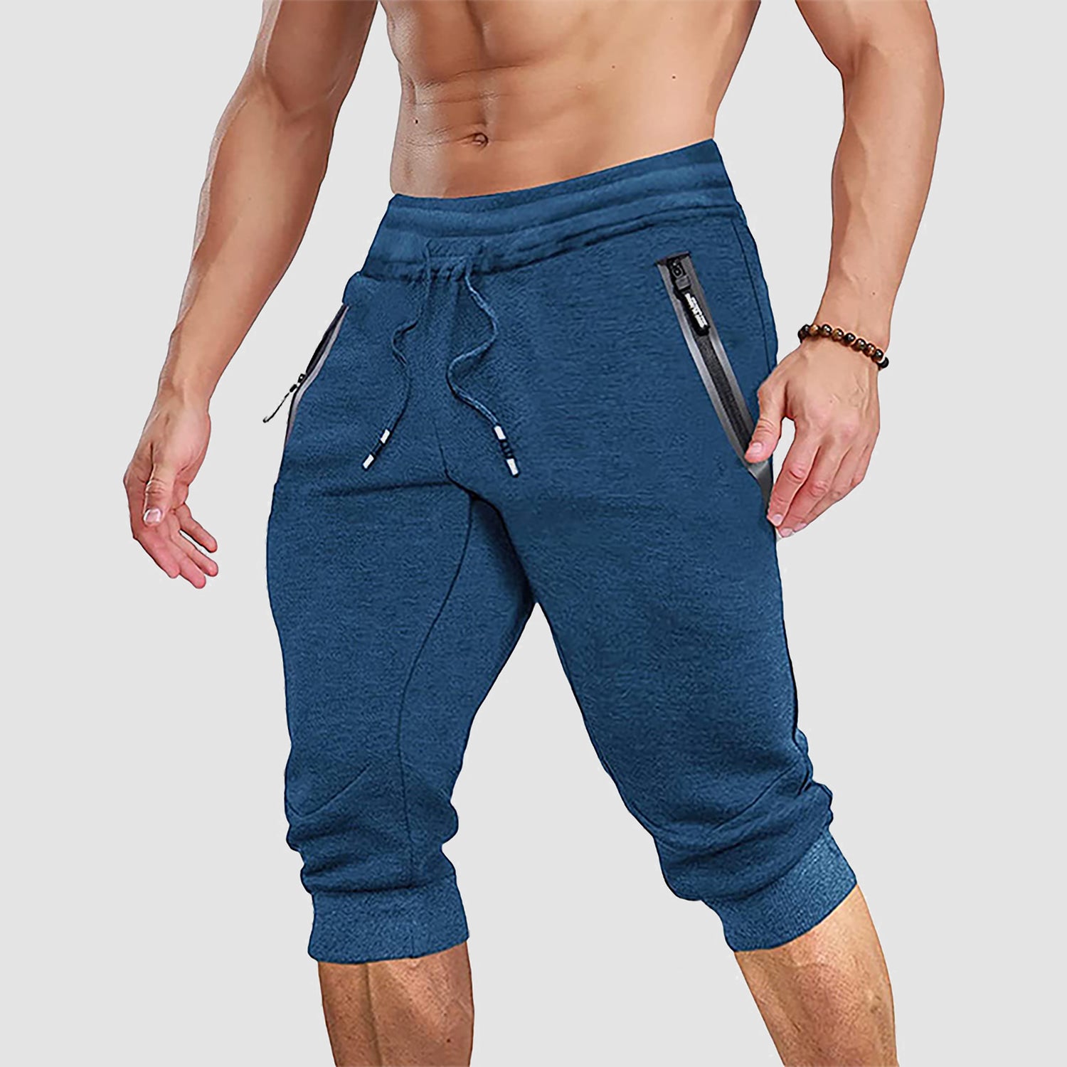 Men Capris Joggers with Zipper Pocket Drawstring Tapered Training Shorts