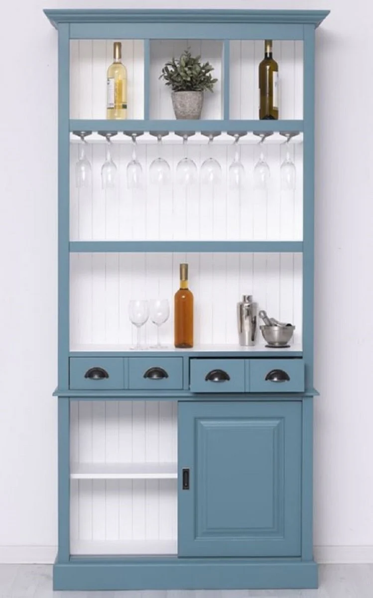Casa Padrino armario de bar de madera maciza de estilo campestre azul / blanco 103 x 36 x A. 210 cm - Gabinete de vino de madera maciza estilo campestre - Mueble bar de estilo campestre
