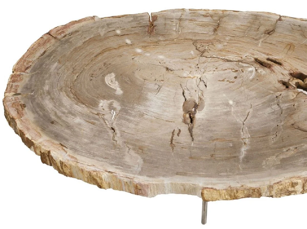 Casa Padrino mesa de centro de lujo natural / plata 115 x 68 x A. 35 cm - Mesa de sal¨®n noble con tablero de madera petrificada y patas de acero inoxidable - Muebles de sal¨®n de lujo