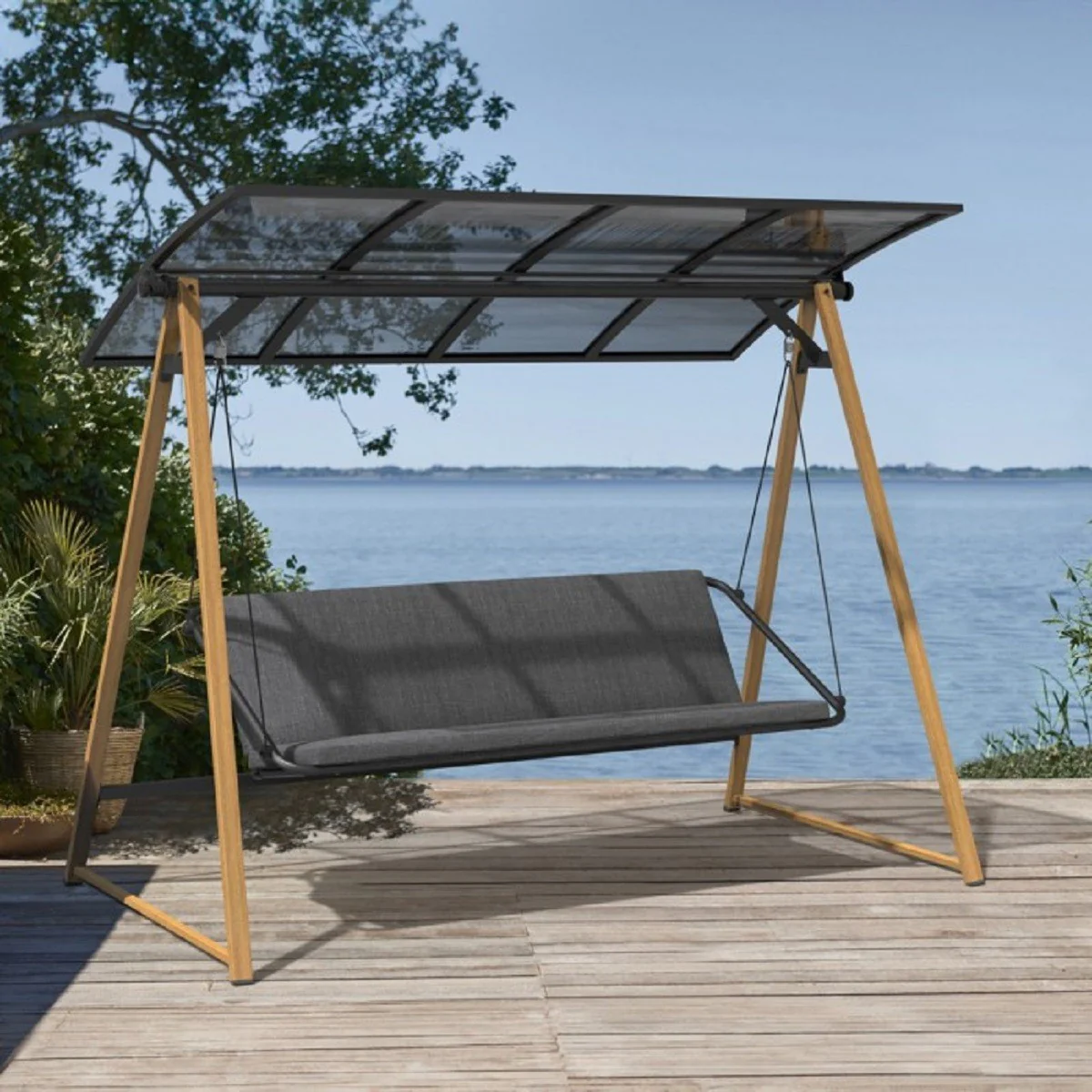 Casa Padrino columpio de Hollywood de lujo gris / marr¨®n - Columpio de jard¨ªn con toldo para el sol