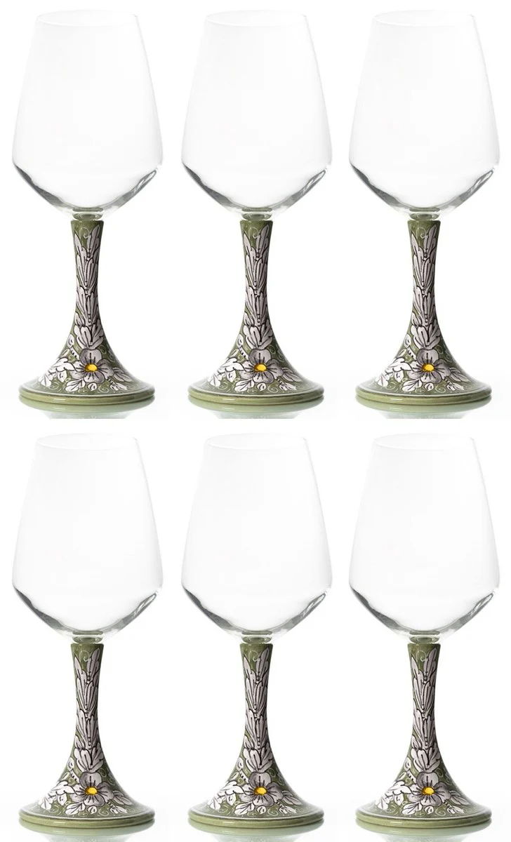 Casa Padrino conjunto de 6 copas de vino de cer¨¢mica de lujo verde oliva / multicolor A. 23,5 cm - Copas de vino hechas y pintadas a mano - Accesorios hoteles y restaurantes - Hecho en Italia