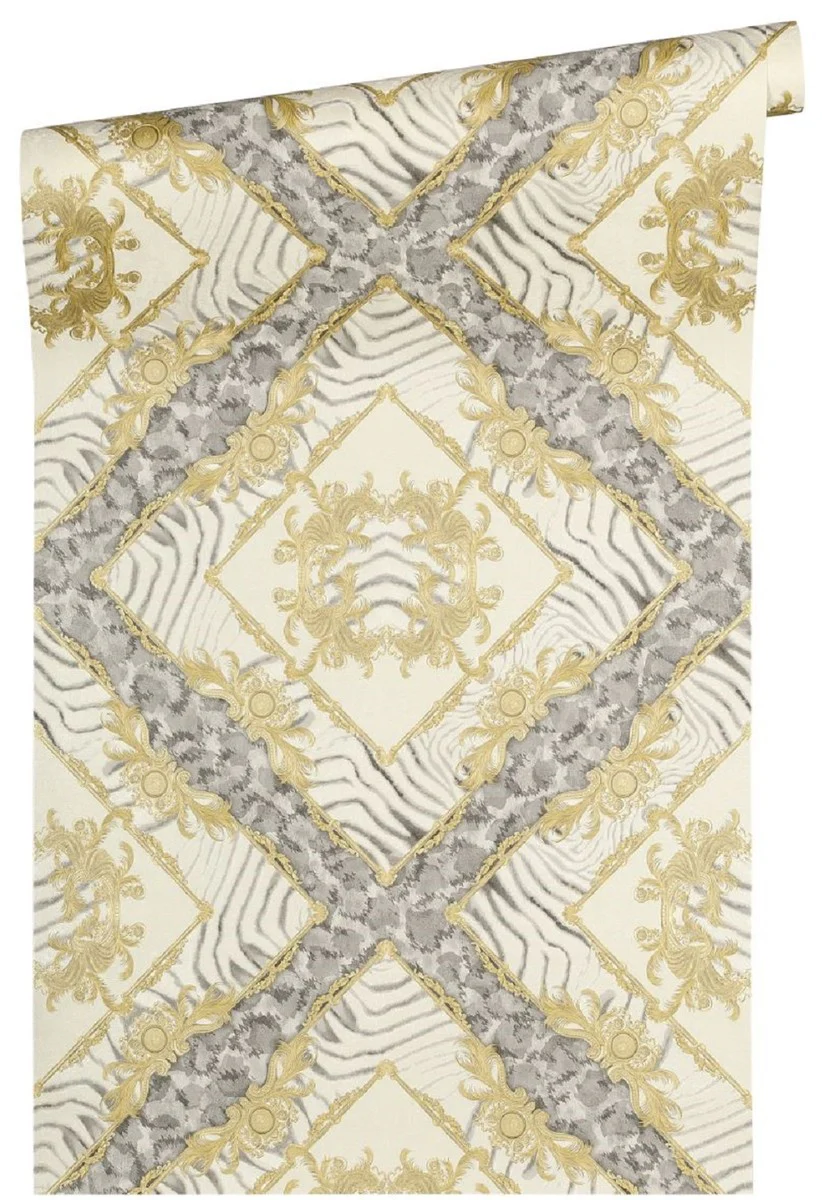 Papel pintado no tejido barroco diseñador Versace Vasmare 349042 crema / gris / oro - Alta Calidad - Accesorios Decorativos