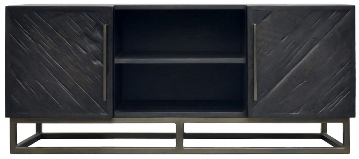 Casa Padrino gabinete de TV de madera maciza de lujo negro / lat¨®n 160 x 43 x A. 60 cm - Aparador de sal¨®n r¨²stico de madera roble con 2 puertas - Muebles de sal¨®n r¨²sticos madera maciza de lujo