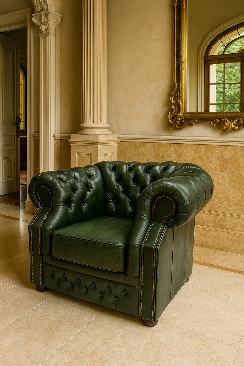 Casa Padrino sill¨®n de cuero Chesterfield de lujo verde / marr¨®n oscuro 110 x A. 85 cm - Sill¨®n de cuero genuino - Muebles Chesterfield - Muebles cuero genuino - Muebles de lujo