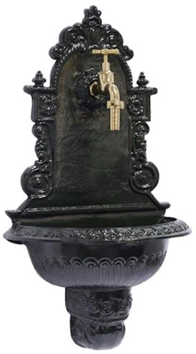 Casa Padrino fuente de pared Art Nouveau verde oscuro / latón 41 x A. 75 cm - Fuente de decoración de jardín nostálgica con grifo - Accesorios de Jardín