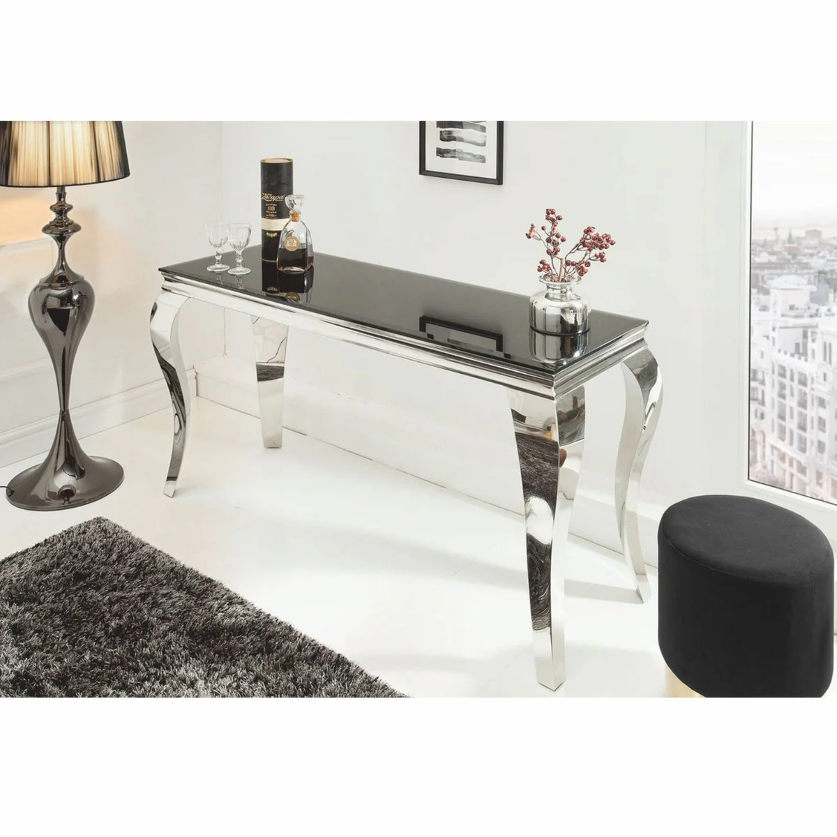 Casa Padrino consola barroco de acero inoxidable con tapa de vidrio plata / negro 145 cm