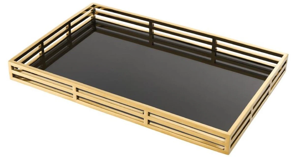 Casa Padrino bandeja de servicio de lujo oro / negro 56 x 36 x H. 5 cm - Bandeja de Acero Inoxidable con Espejo Negro