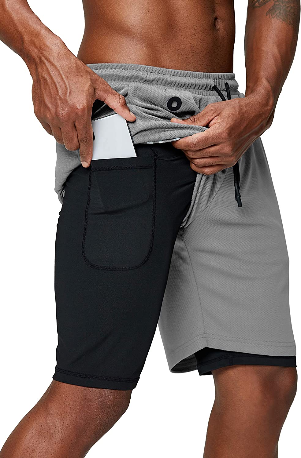 Men's 2 in 1 Running Shorts Gym Workout Quick Dry Mens Shorts with Phone Pocket