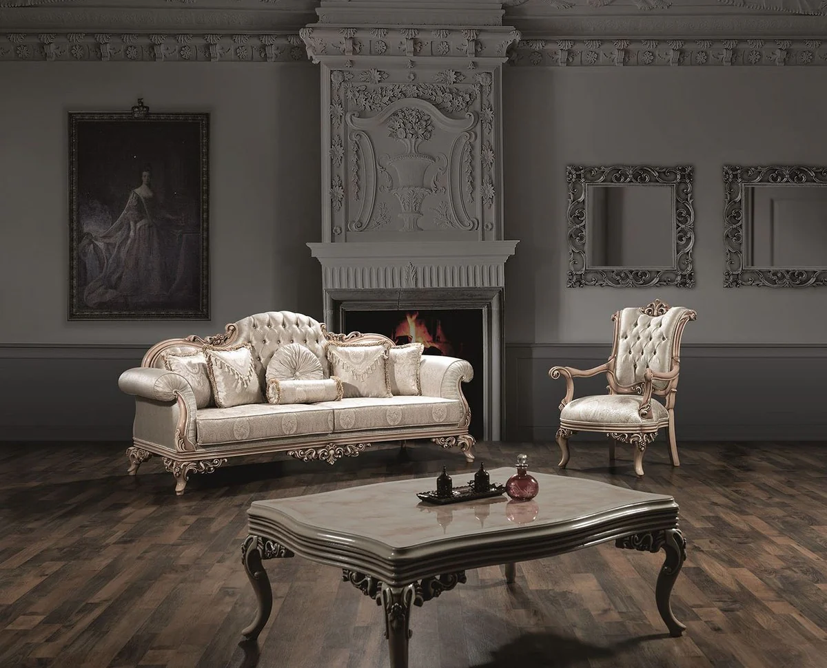 Casa Padrino sof¨¢ barroco de lujo con pedrer¨ªa y almohadas decorativos plata / crema / beige 230 x 90 x A. 110 cm - Suntuoso Sof¨¢ de Sal¨®n