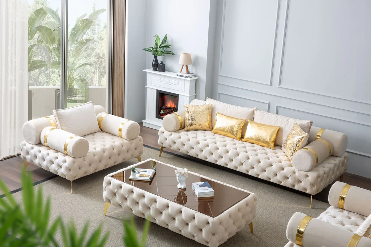 Casa Padrino sill¨®n Chesterfield de lujo crema / oro 130 x 115 x A. 70 cm - Sill¨®n de sal¨®n Chesterfield - Muebles de sal¨®n - Muebles Chesterfield - Muebles de lujo - Interiores de lujo