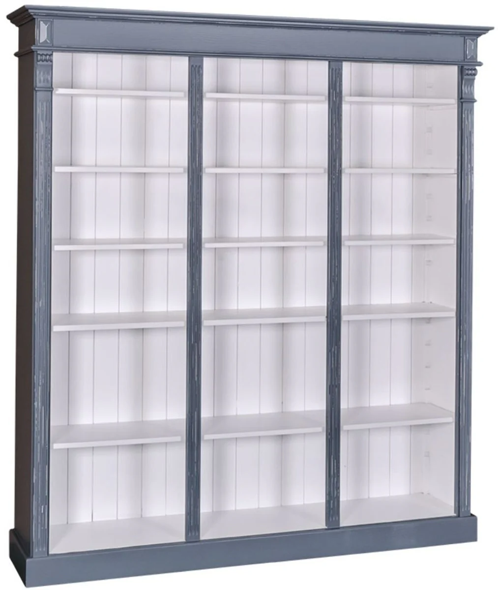 Casa Padrino armario de libros estilo campestre azul antiguo / blanco 180 x 39 x A. 197 cm - Armario de Madera Maciza - Armario Estante - Armario para Sala de Estar - Muebles de Estilo Campestre
