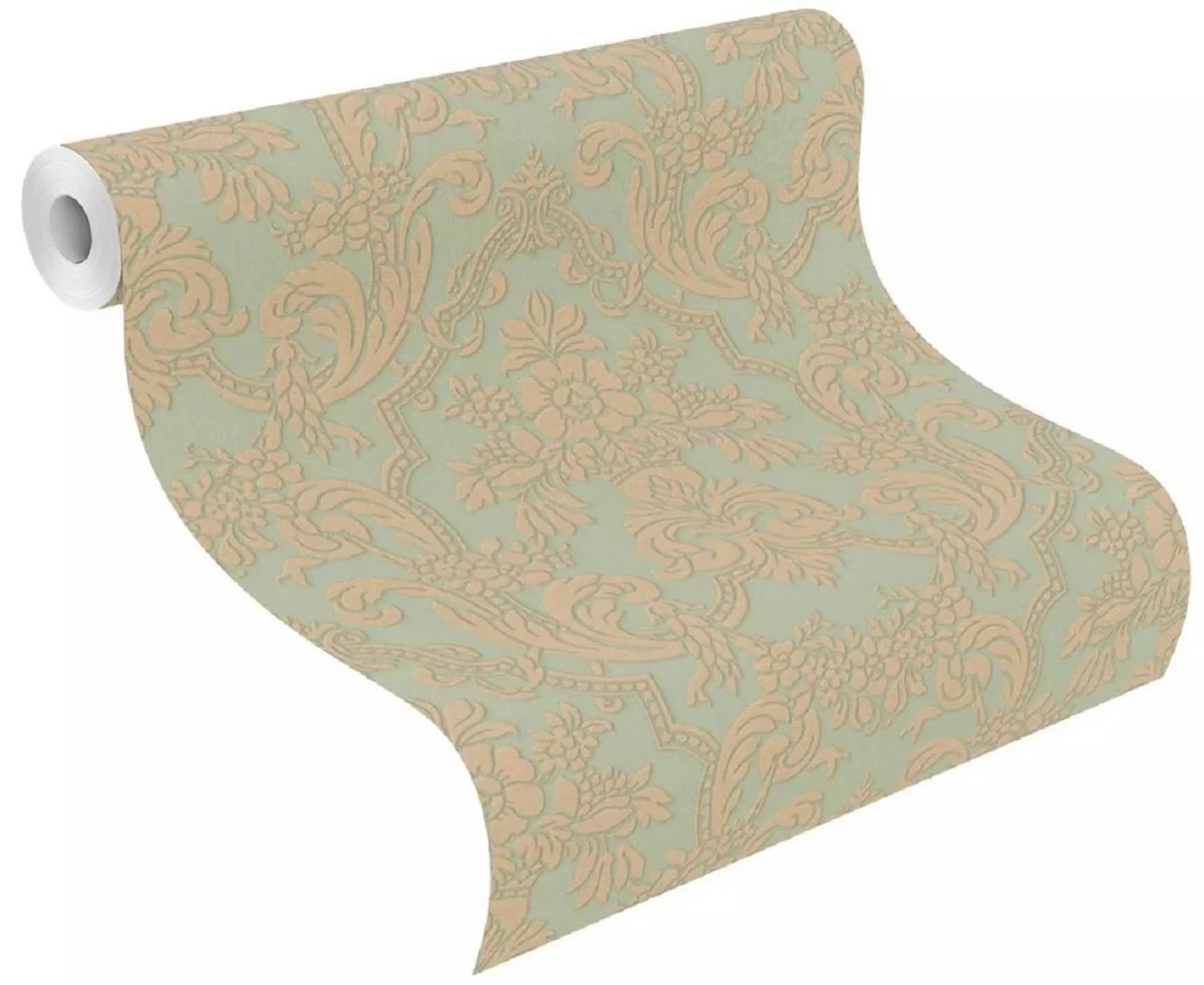 Casa Padrino papel pintado de vinilo verde / marrón - Papel pintado de salón de estilo barroco con patrón elegante - Decoración de pared en estilo barroco