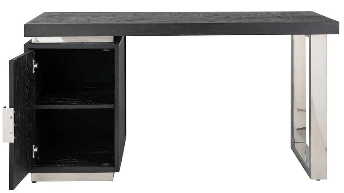Casa Padrino escritorio de madera maciza de lujo negro / plata 150 x 70 x A. 77 cm - Mesa de Oficina - Mesa de Ordenador - Muebles de Oficina de Lujo