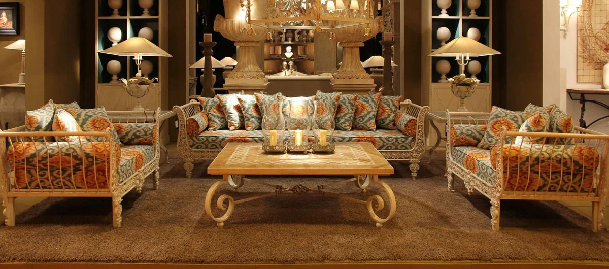 Casa Padrino Conjunto de Muebles de Hierro Forjado Barroco de Lujo Verde / Naranja / Blanco - 1 Sof¨¢ & 2 Sillones & 1 Mesa de Centro - Muebles de Sal¨®n - Muebles Jard¨ªn - Muebles Barrocos de Lujo