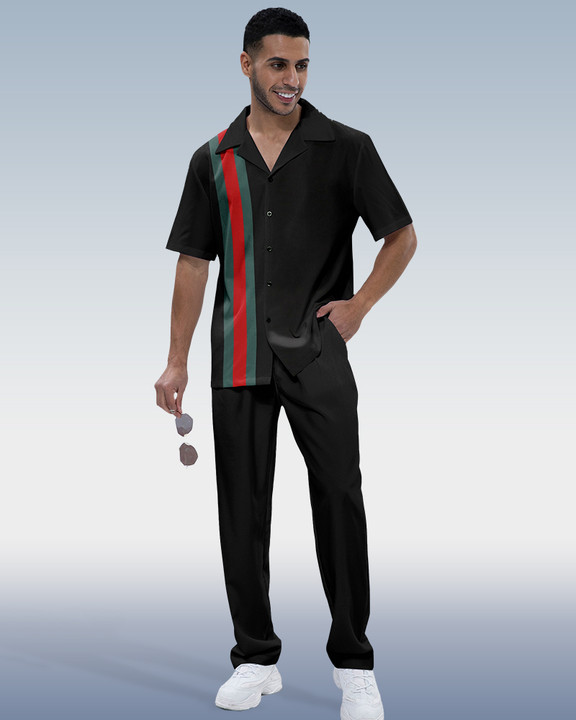 Suitmens Men's Colorblock Print Short Sleeve Shirt Walking Set 246