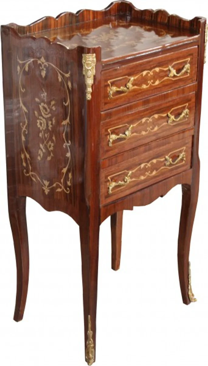 Casa Padrino Baroque chest of 3 drawers inlaid Brown H 82 cm, W 42 cm - Model Mahogany - bedside table
