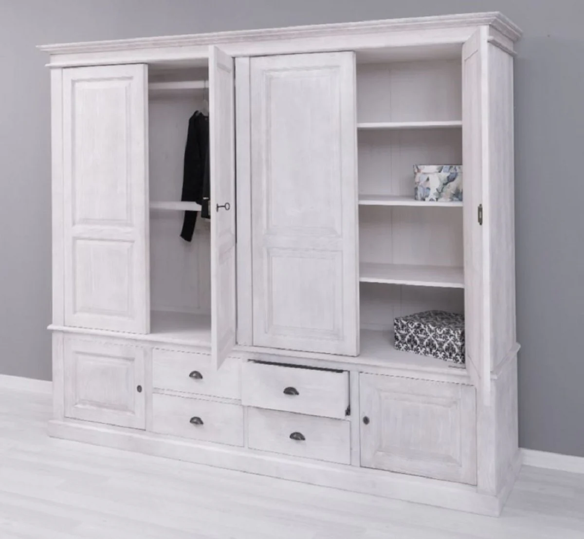 Casa Padrino armario de dormitorio de estilo campestre gris claro 232 x 59 x A. 197 cm - Armario de madera maciza con 6 puertas y 4 cajones - Muebles de dormitorio de madera maciza estilo campestre