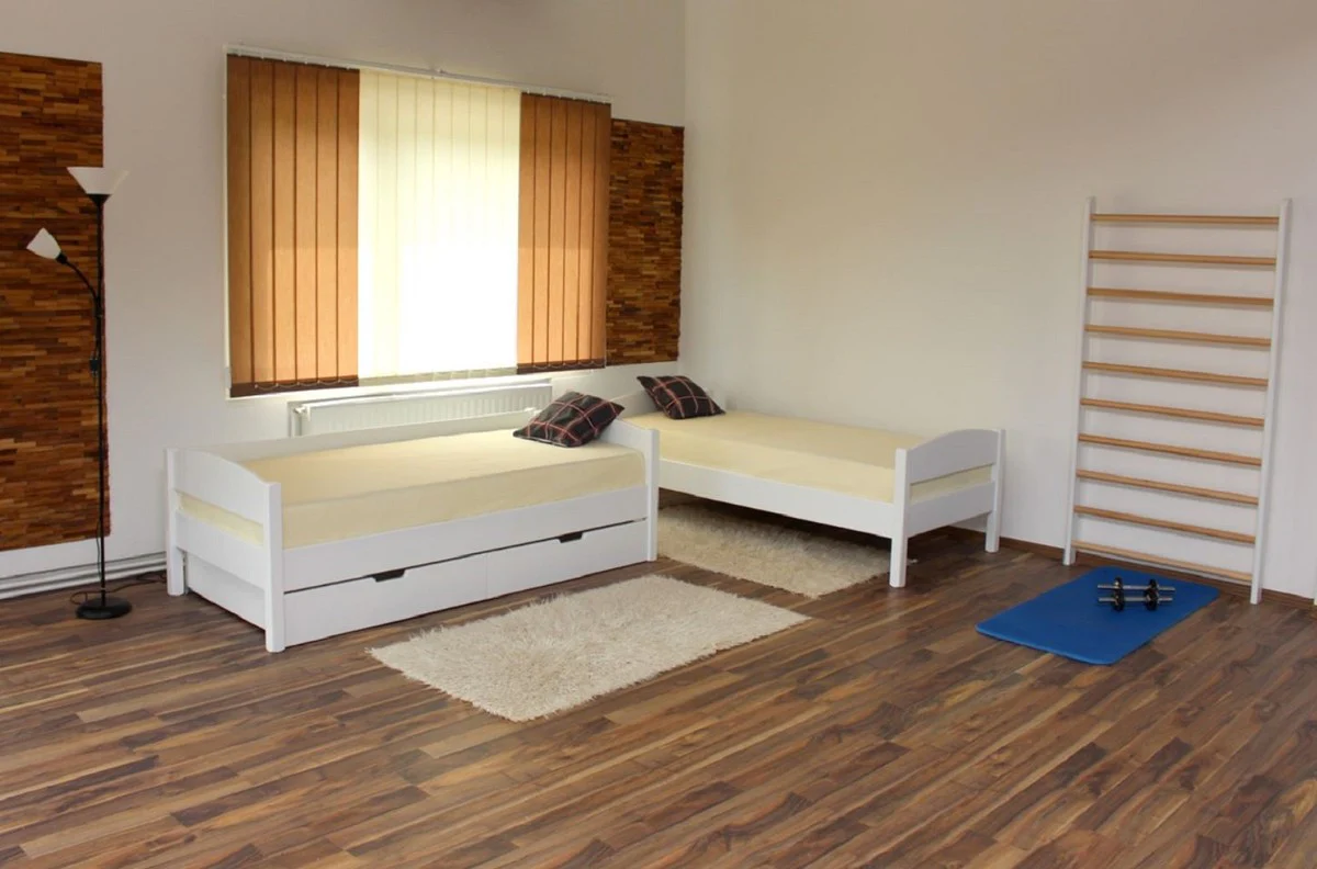 Casa Padrino litera para niños de lujo blanco / natural 211 x 98 x A. 185 cm - Cama infantil multifuncional con escalera y barras de pared - Muebles para la habitación de los niños