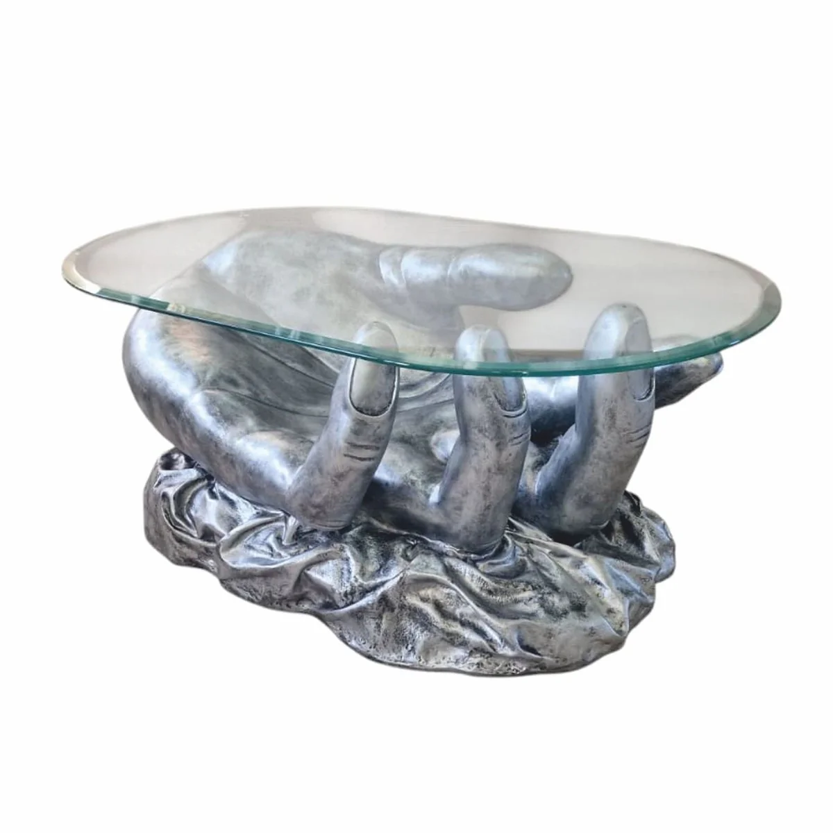 Casa Padrino mesa de centro de dise?o de mano con tapa de vidrio plata antigua 80 cm