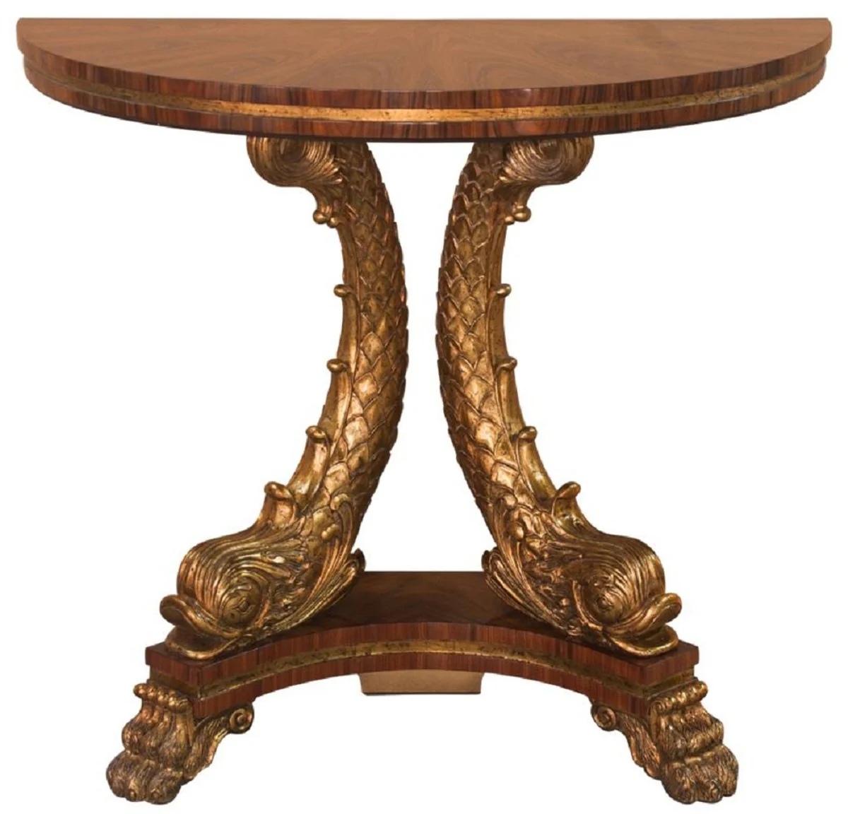 Casa Padrino consola barroco de lujo marr¨®n / oro 92 x 47 x A. 83 cm - Consola semicircular de madera maciza con peces koi decorativos tallados a mano y pies de le¨®n - Noble & Splendid