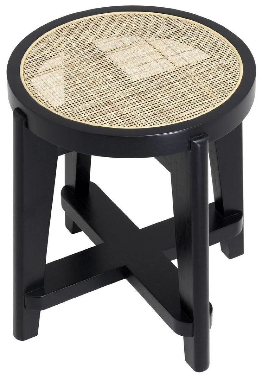 Casa Padrino taburete de lujo negro / natural ? 44,5 x A. 47 cm - Taburete redondo de madera maciza con rat¨¢n - Muebles de sal¨®n