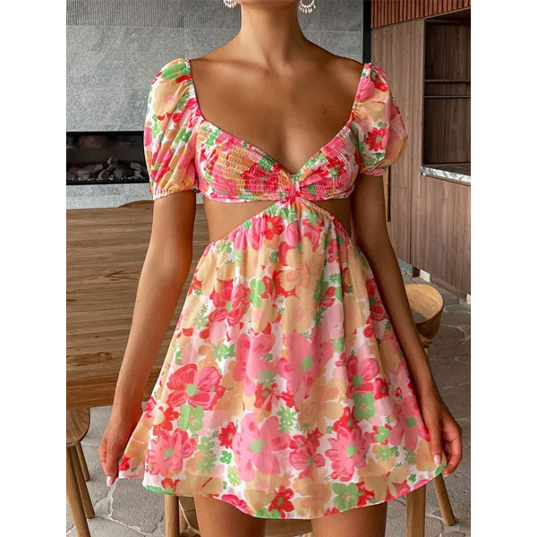 Puff Sleeve Cutout Mini Dress