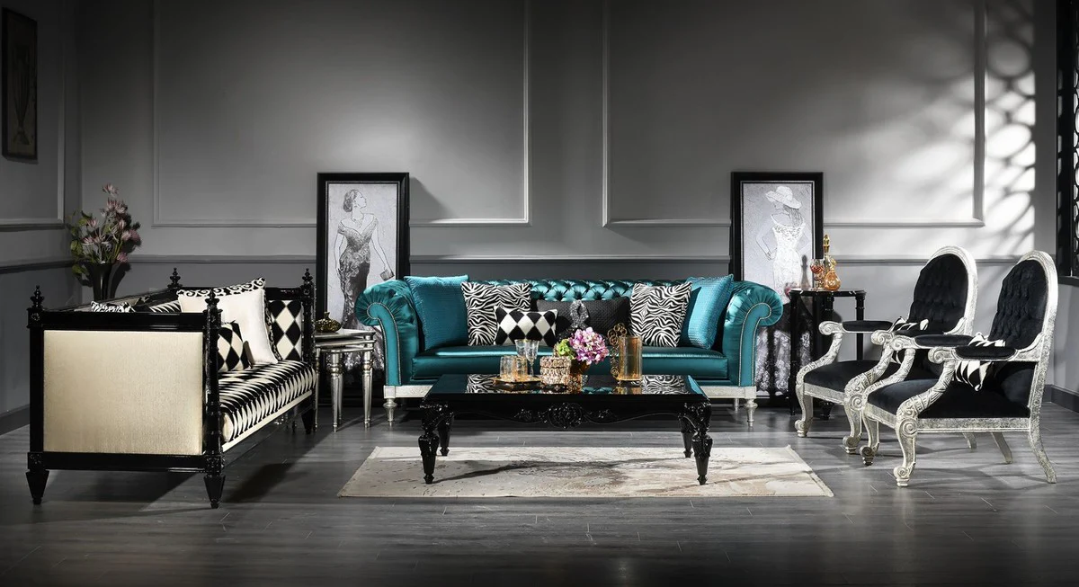 Casa Padrino mesa de centro barroco de lujo negro 144 x 98 x A. 46 cm - Mesa de sal¨®n de estilo barroco con tapa de vidrio - Muebles Barrocos