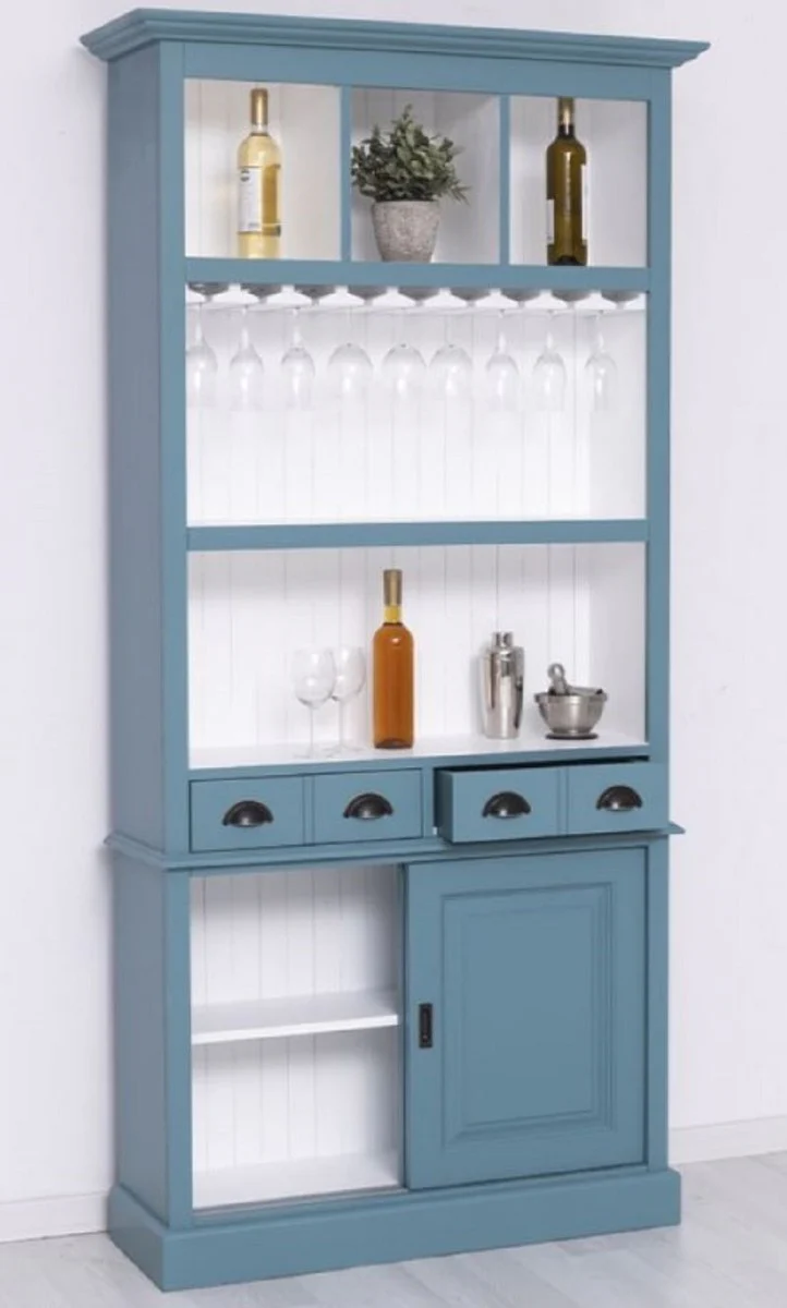 Casa Padrino armario de bar de madera maciza de estilo campestre azul / blanco 103 x 36 x A. 210 cm - Gabinete de vino de madera maciza estilo campestre - Mueble bar de estilo campestre
