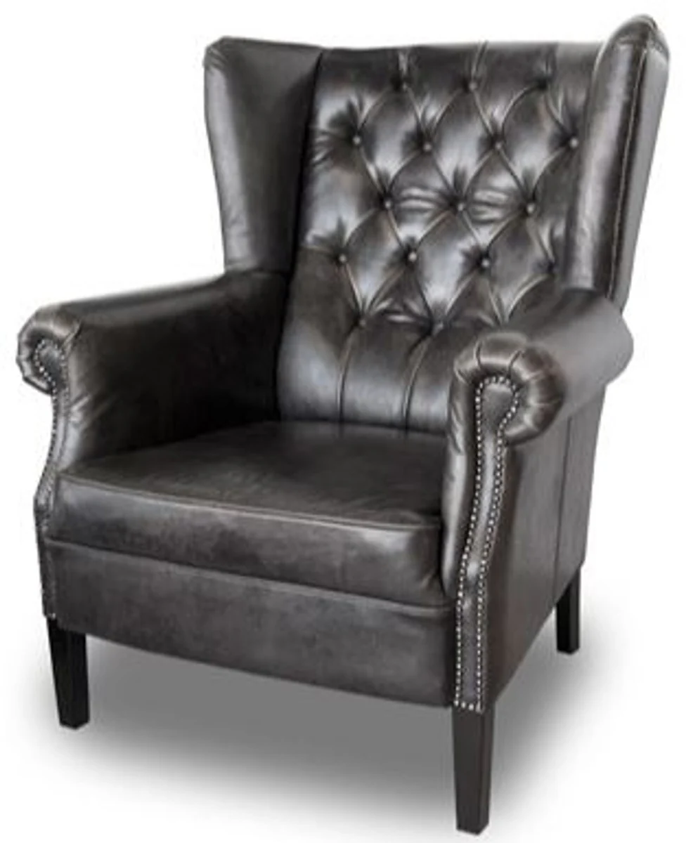 Casa Padrino Chesterfield Butaca de cuero Buffalo Real Black Solid Wood - Luxury Living Room Furniture - Vintage