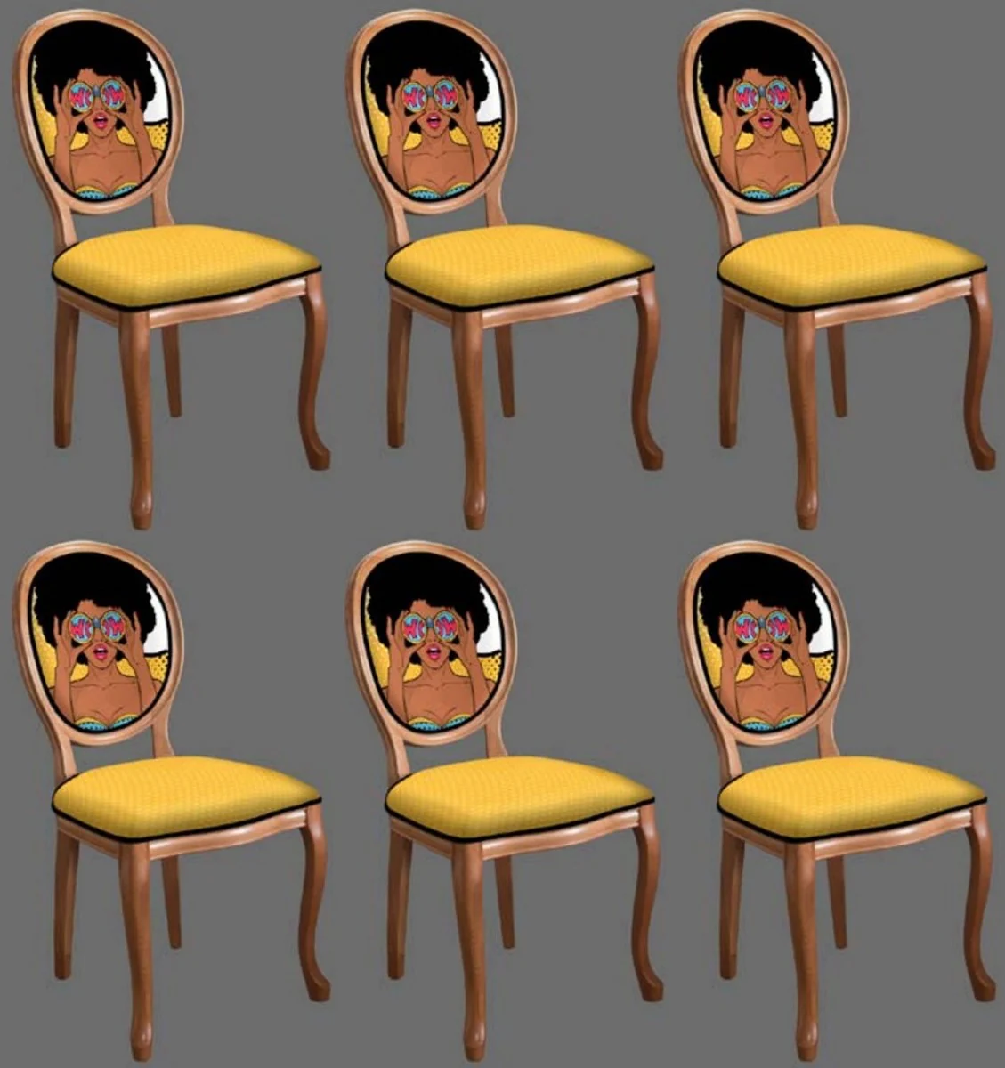 Casa Padrino conjunto de sillas de comedor barroco amarillo / multicolor / marron - 6 Sillas de cocina hecho a mano en estilo barroco - Muebles de comedor barrocos